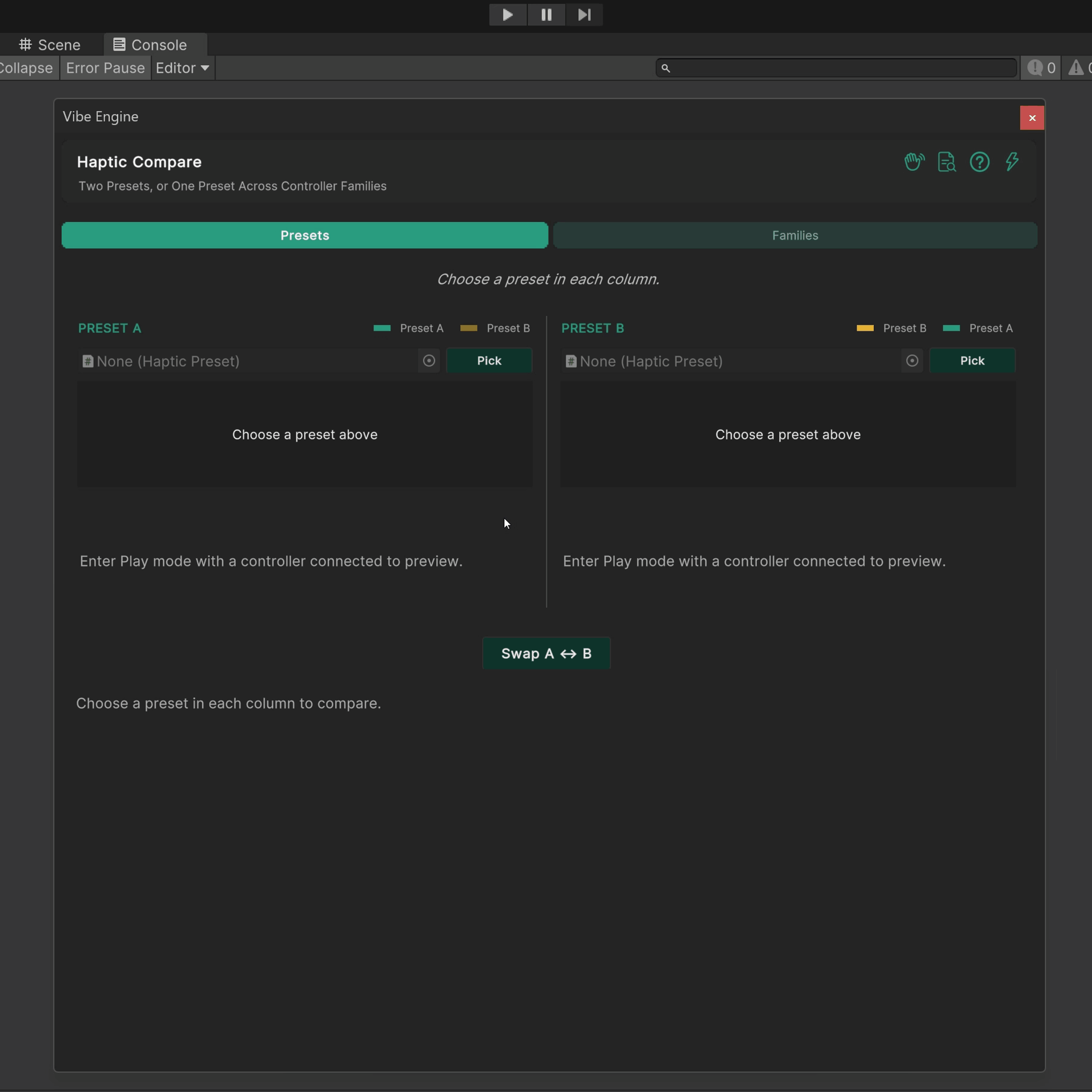 Unity editor Haptic Compare window showing two haptic presets or controller families with waveforms and metric chips.