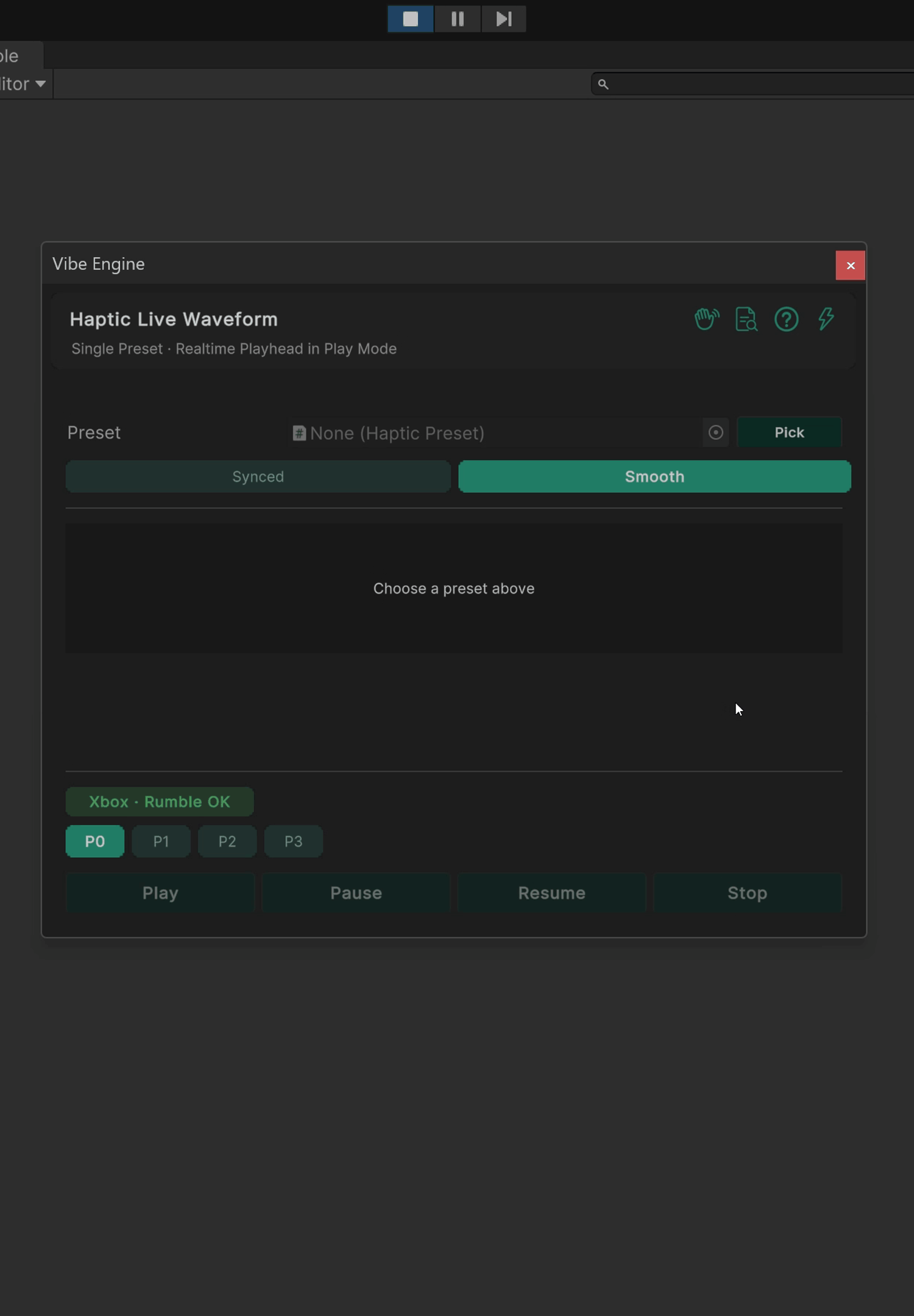 Unity Live Waveform editor graph updating during haptic preset playback, with controller feedback in frame when available.