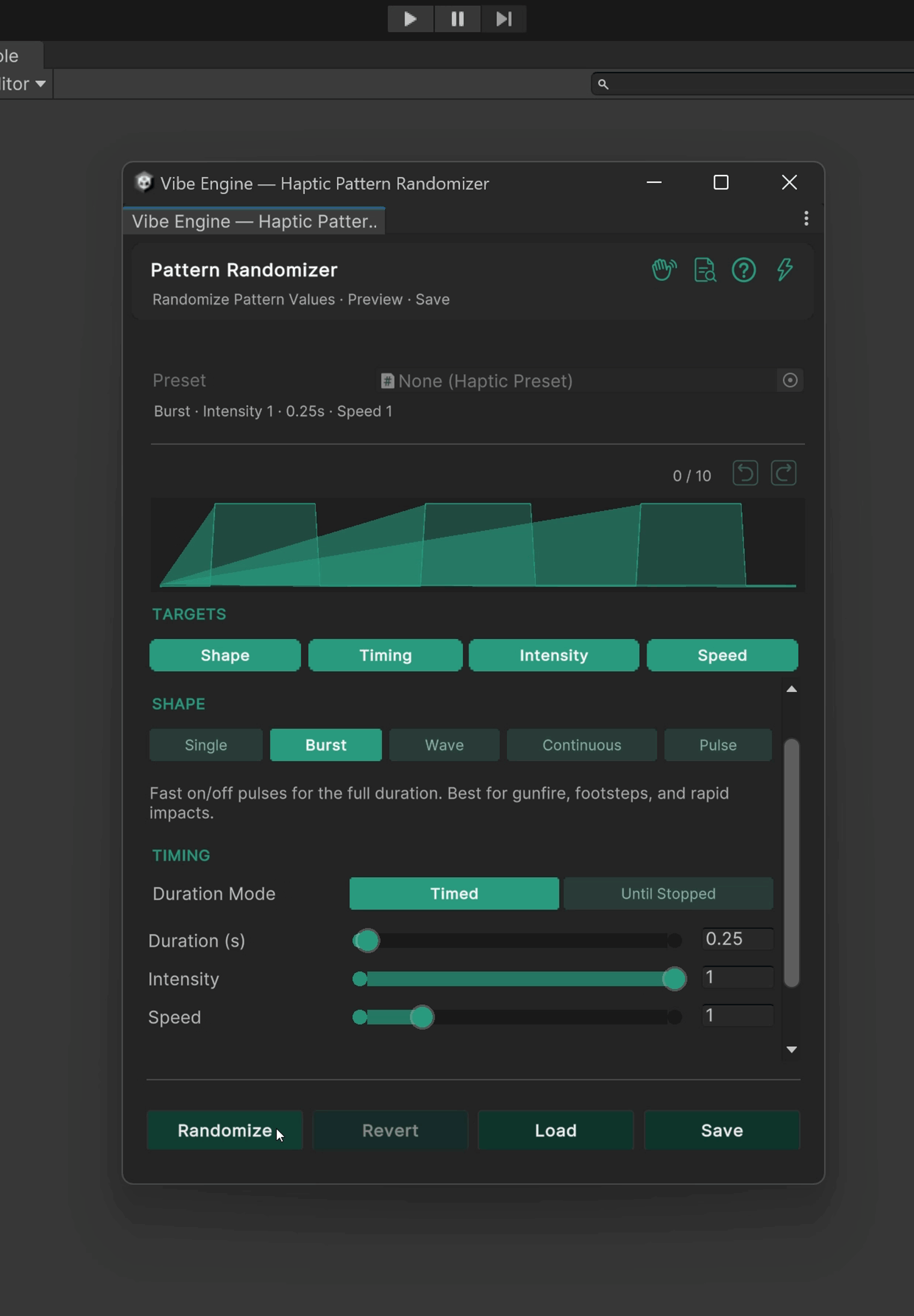 Unity Haptic Pattern Randomizer window generating and previewing preset variations.